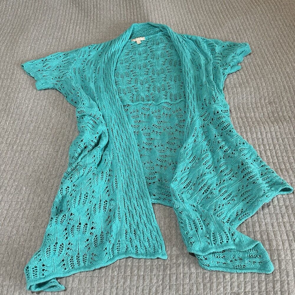 Woman Within 100% Cotton L Turquoise Open-Knit Kimono Swim Coverup Festival